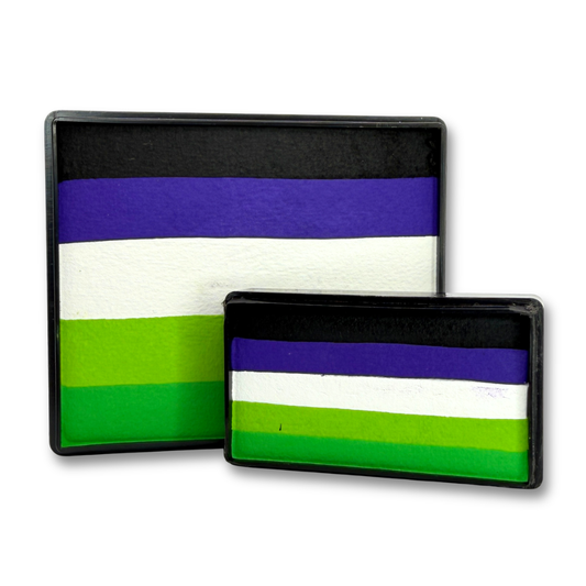 Spooky Rainbow Cake and matching Spooky Arty Cake featuring black, purple, white, lime green, and bright green stripes displayed together as a Halloween one-stroke face paint bundle.