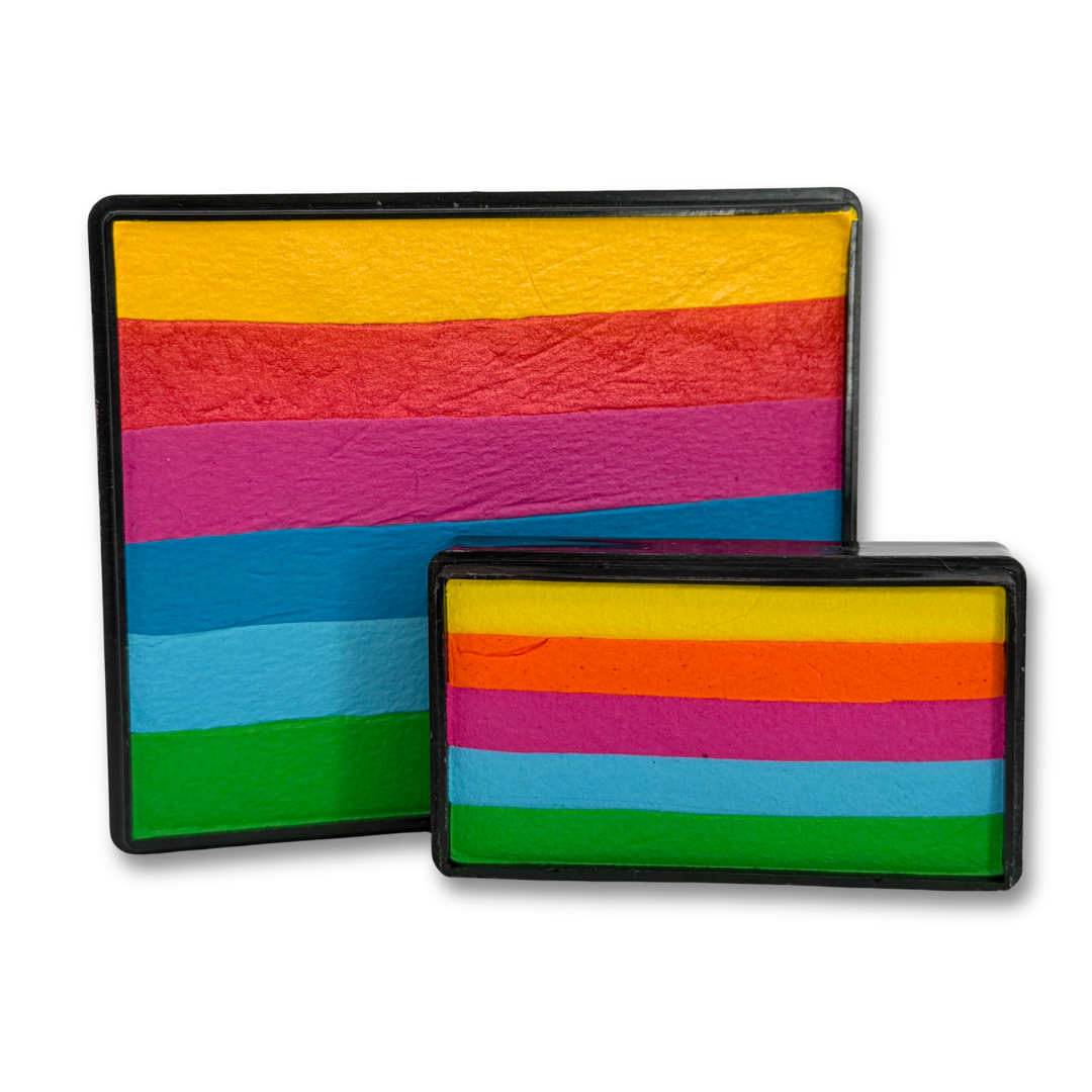 Tropical Rainbow Cake and matching Tropical Arty Cake featuring yellow, coral, hot pink, turquoise, light blue, and bright green stripes displayed together as a one-stroke face paint bundle.