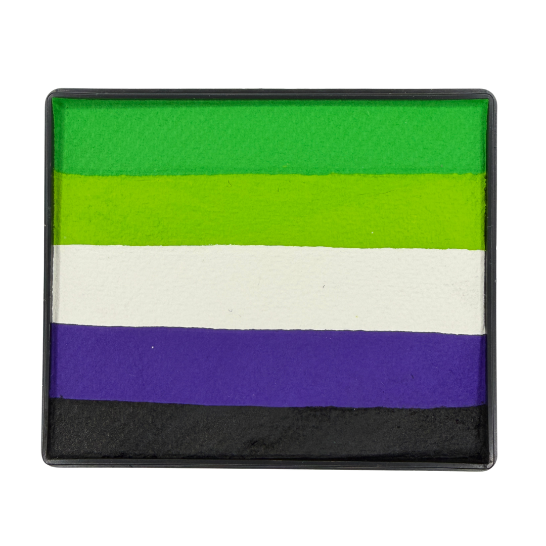 Halloween Rainbow Cake face paint with layered stripes of bright green, lime green, white, purple, and black in a rectangular container.