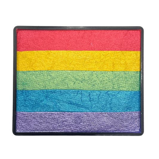Shimmer Rainbow Cake face paint with layered stripes of bright pink, metallic gold, pearly green, blue, and lavender shimmer tones in a rectangular container.
