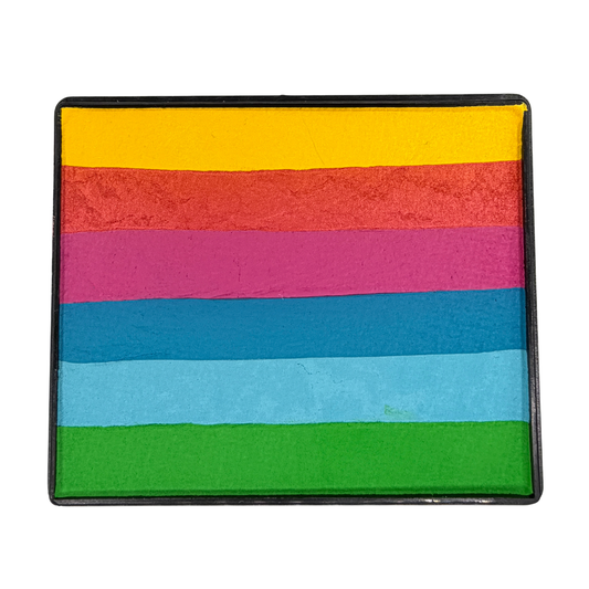 Image of a Rainbow Face Paint Cake featuring a palette of bright colors arranged in stripes. Designed for easy application, this face paint allows artists to create bold, blended, multi-color designs with a single swipe. Ideal for a variety of themes and festive occasions.