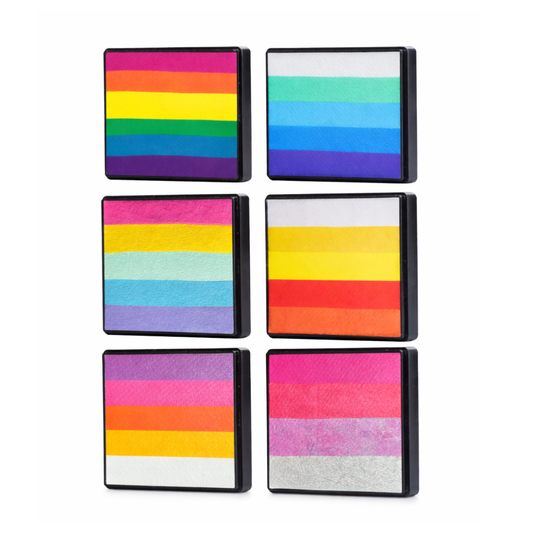 Set of colorful striped rectangular face paint split on a white background