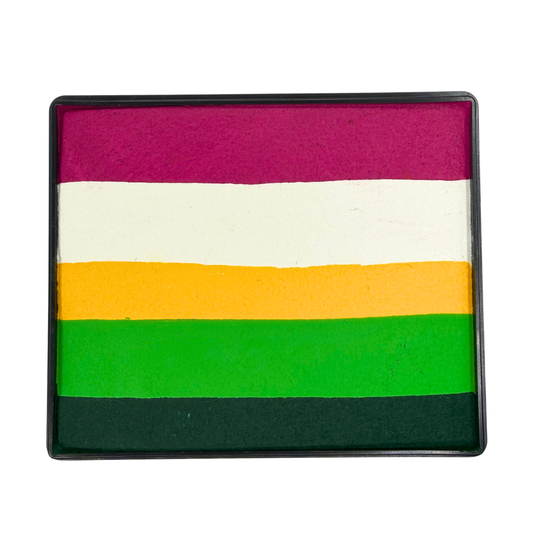Flower Parade Rainbow Cake face paint with horizontal stripes of pink, white, yellow, bright green, and dark green in a black rectangular container.