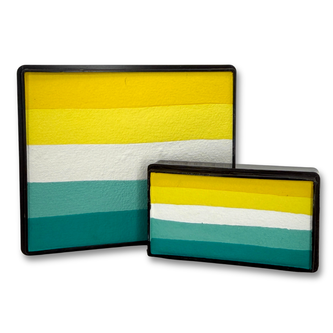 Sunday Vibes Rainbow and Arty Cakes Set featuring layered yellow, white, aqua and teal face paints in 50g and 28g sizes.