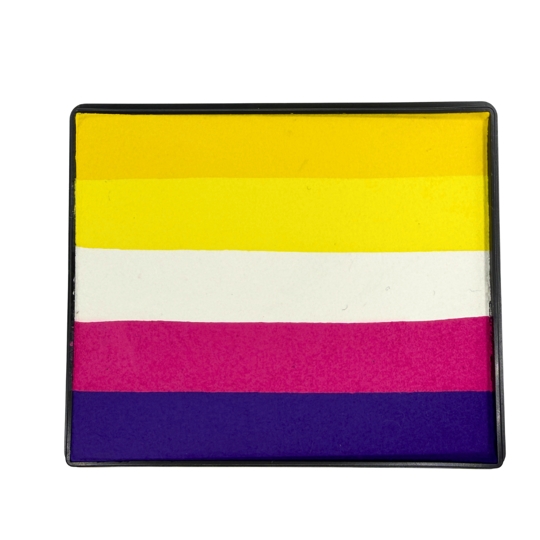Lemon Berry Rainbow Cake face paint with horizontal stripes of golden yellow, bright yellow, white, berry pink, and deep purple in a black rectangular container.