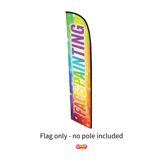 Feather flag display banner with the words Face Painting written in rainbow colors
