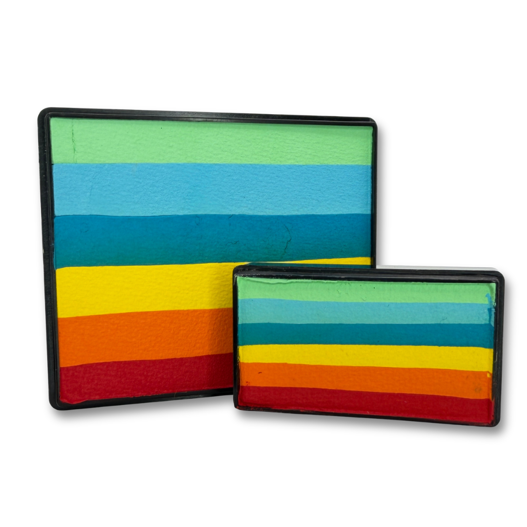 Retro Brite Rainbow Cake and Arty Cake face paint set with layered mint green, blue, yellow, orange and red colors.