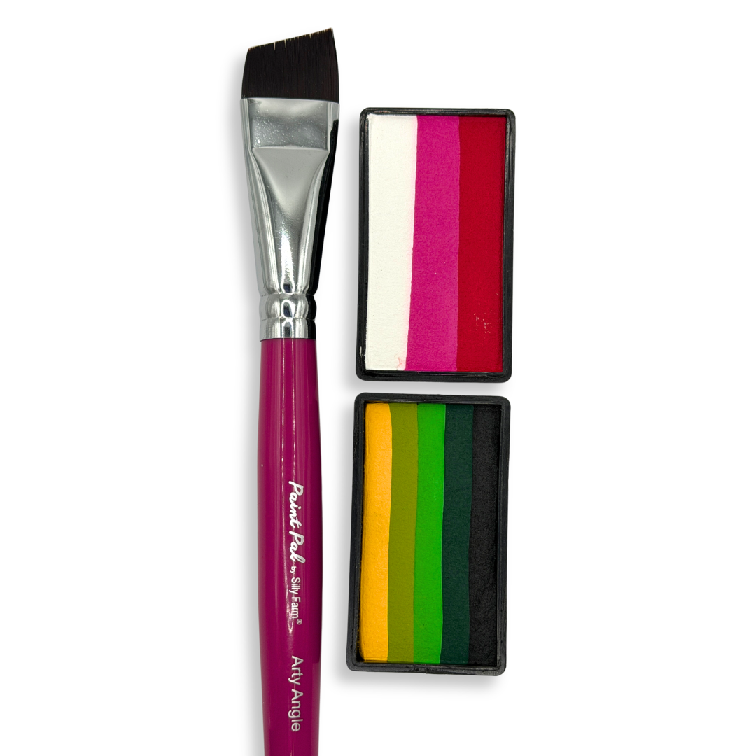 Pretty Little Rose One Stroke & Brush Set with Bright Rose and Bright Leaf Arty Cakes and a 3/4 inch angled face painting brush.