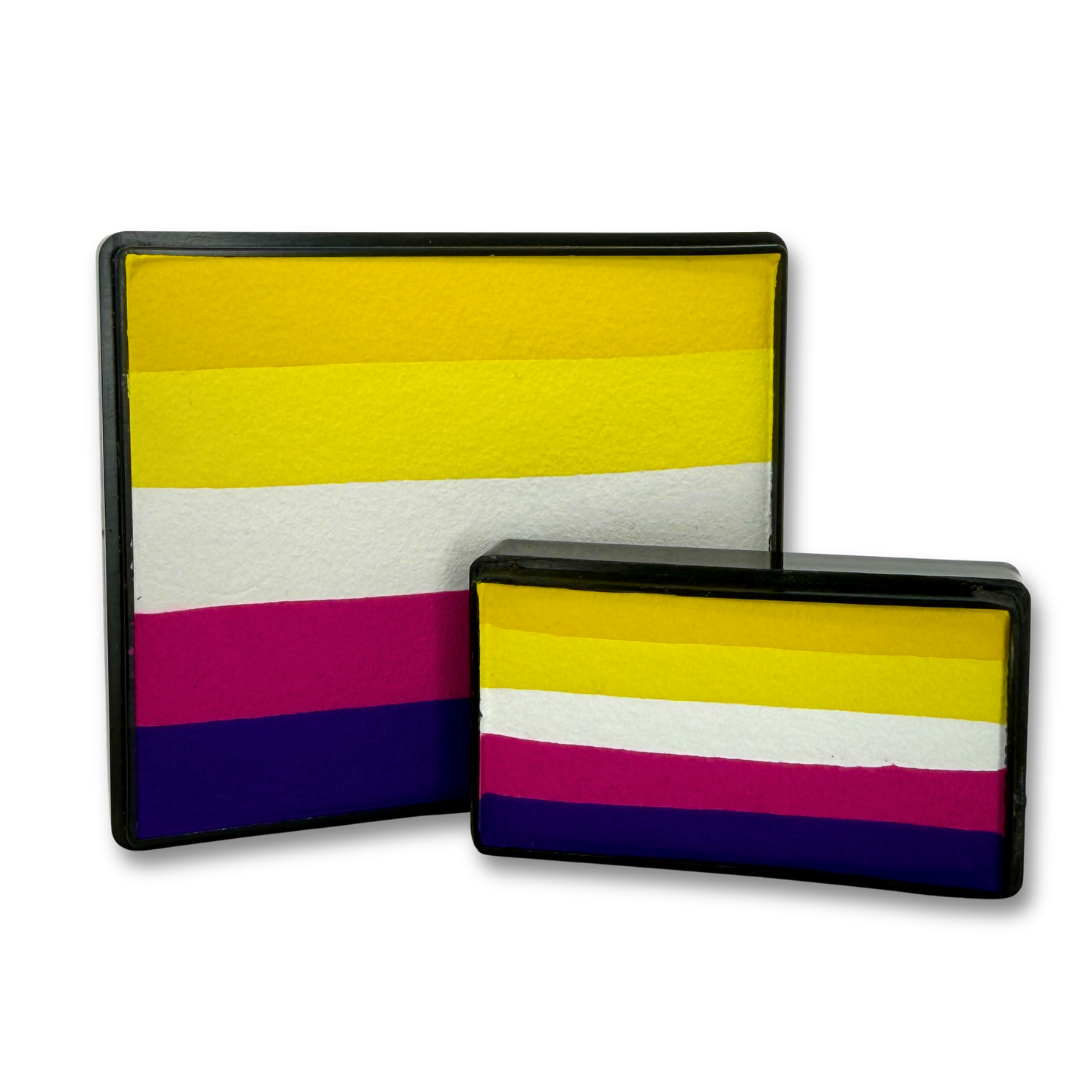 Lemon Berry Rainbow and Arty Cake Set featuring layered yellow, white, berry pink and purple face paints in 50g and 28g sizes.