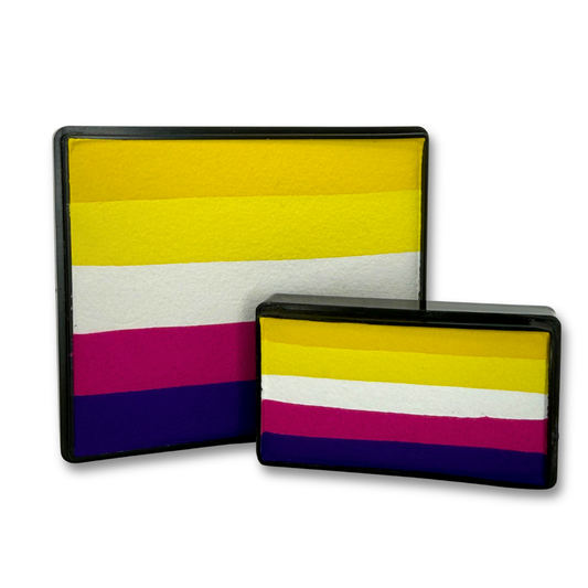 Lemon Berry Rainbow and Arty Cake Set featuring layered yellow, white, berry pink and purple face paints in 50g and 28g sizes.