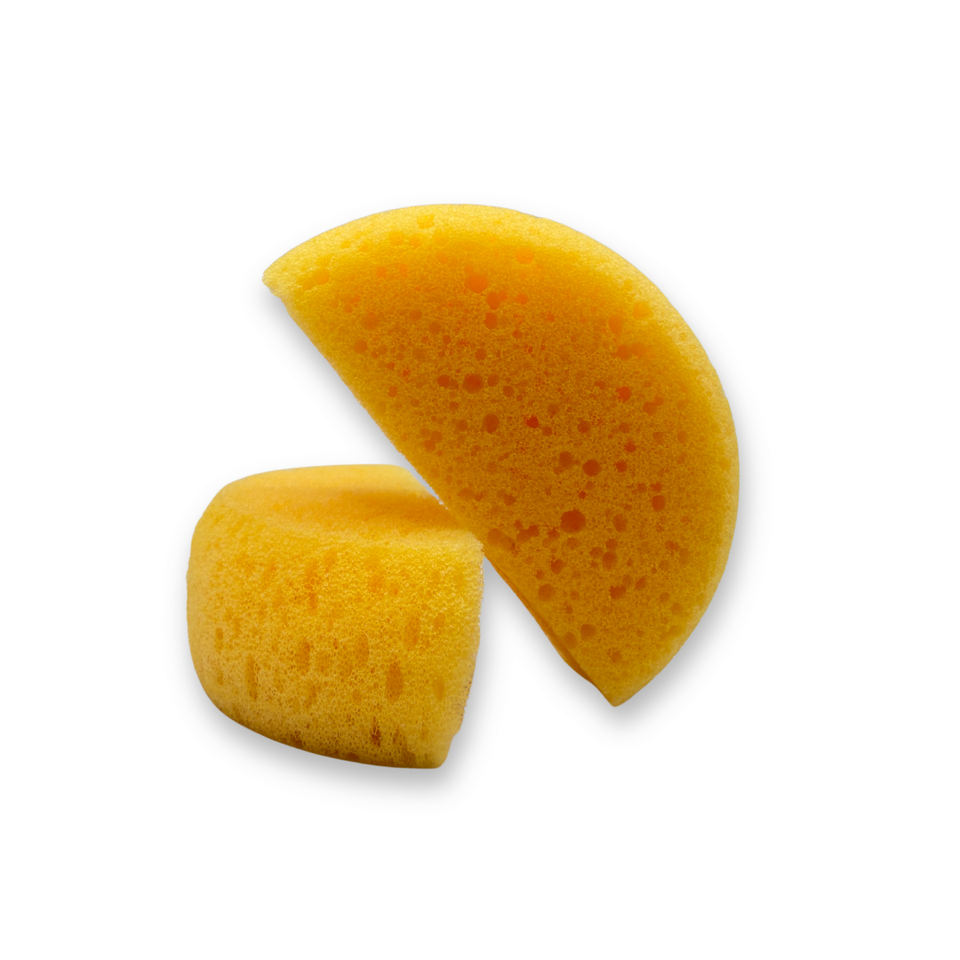 Two yellow SillyFarm Classic Face Painting Sponges displayed on a white surface, designed for smooth face paint application, blending, and base work.