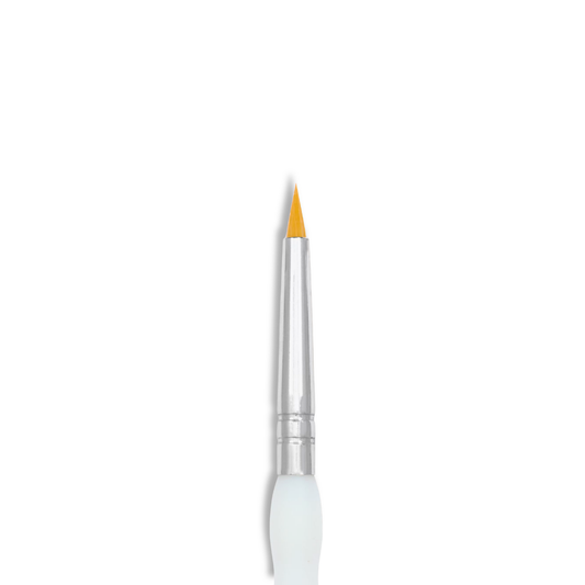 A fine detail paint brush with a silver ferrule, a bright yellow-orange bristle tip, and a white handle, centered on a plain white background.