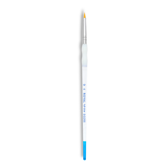 A fine detail paint brush with a white handle, blue ferrule, and yellow bristle tip, shown vertically on a plain white background. The handle features the text ROYAL 14-soft grip 