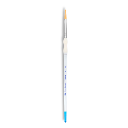 A fine detail paint brush with a white handle, silver ferrule, orange bristles, and a blue tip, shown vertically on a plain white background. The handle features the brand name 'ROYAL' and model '505 506'.