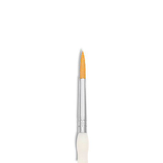 A single fine paint brush with a silver ferrule, light orange bristles, and a white handle, centered on a plain white background.
