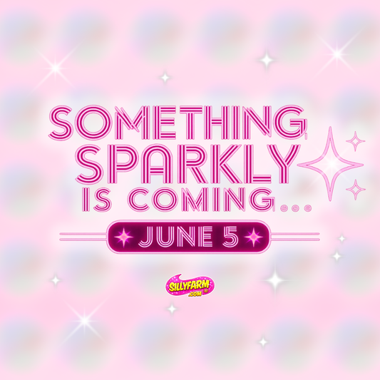 Promotional graphic with 'Something Sparkly is Coming... June 5' text on a colorful, starry background.