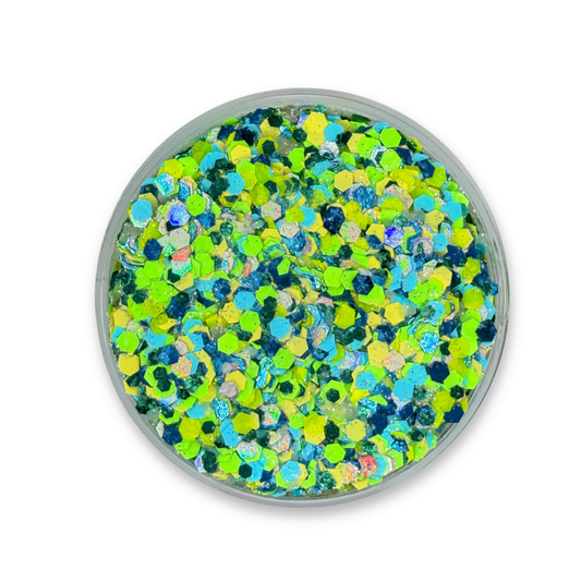 Open jar of Aquarela Samba Studio Sparkle Glitter Cream featuring vibrant green, blue, yellow, and iridescent cosmetic glitter in a smooth cream base. Limited edition 25g glitter cream inspired by Brazil and the World Soccer Fan Collection.