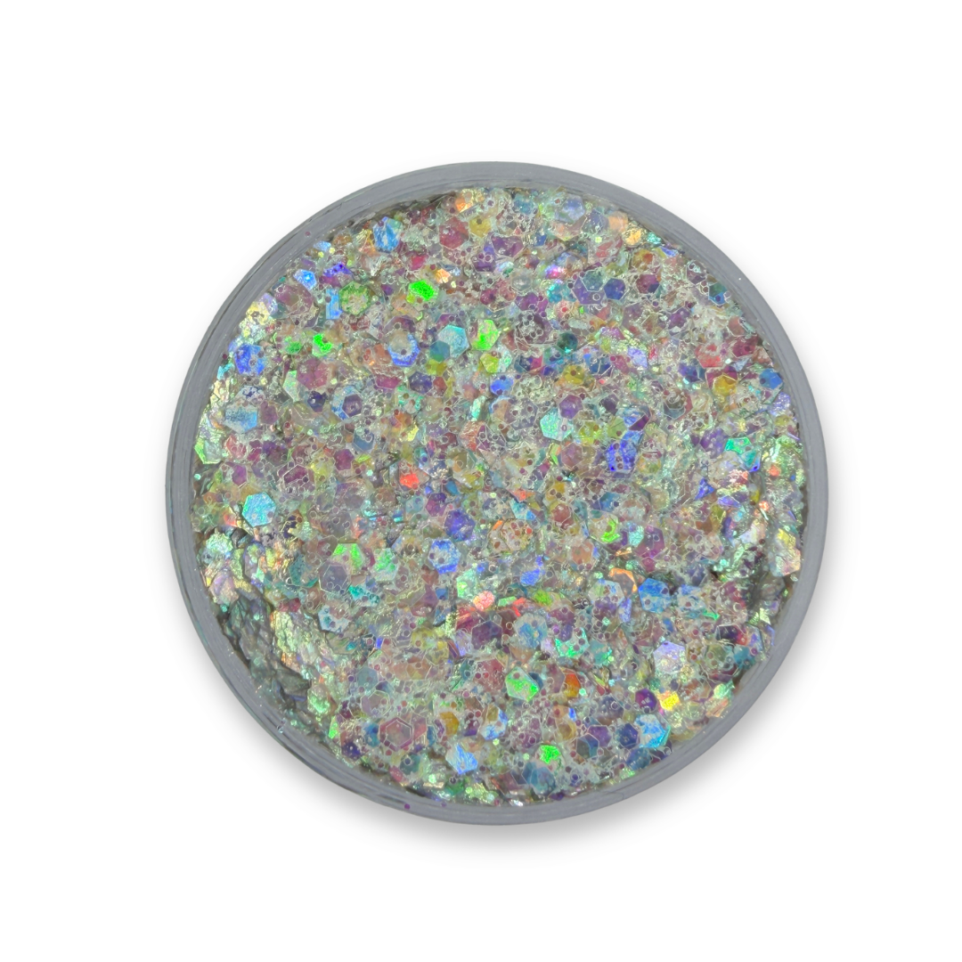 Open jar of City of Angels Studio Sparkle Glitter Cream showing chunky iridescent silver cosmetic glitter with rainbow reflections.