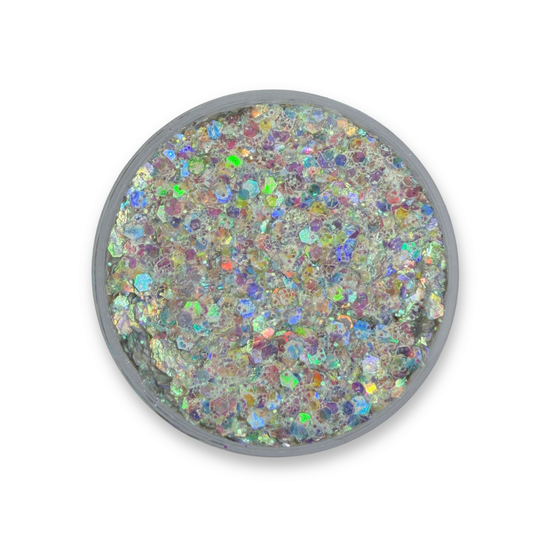 Open jar of City of Angels Studio Sparkle Glitter Cream showing chunky iridescent silver cosmetic glitter with rainbow reflections.