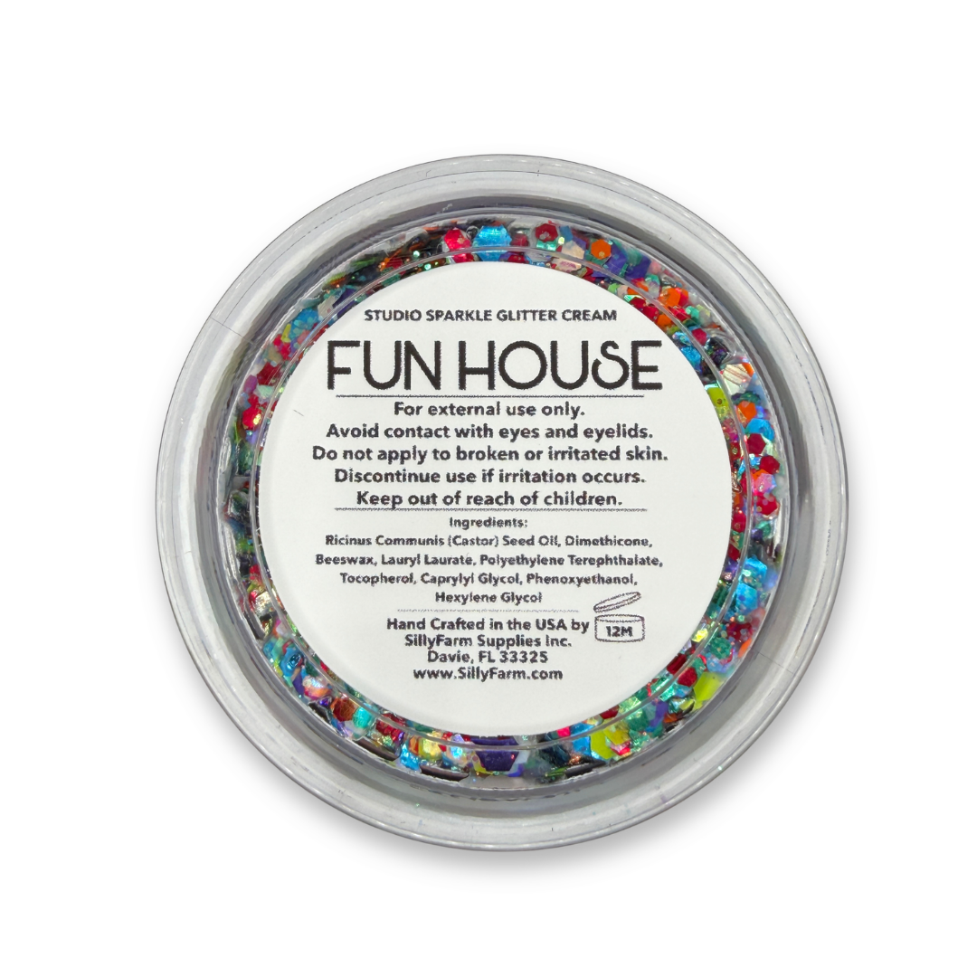 Back view of Fun House Studio Sparkle Glitter Cream container showing the product label, ingredients, safety information, and usage details. ✨