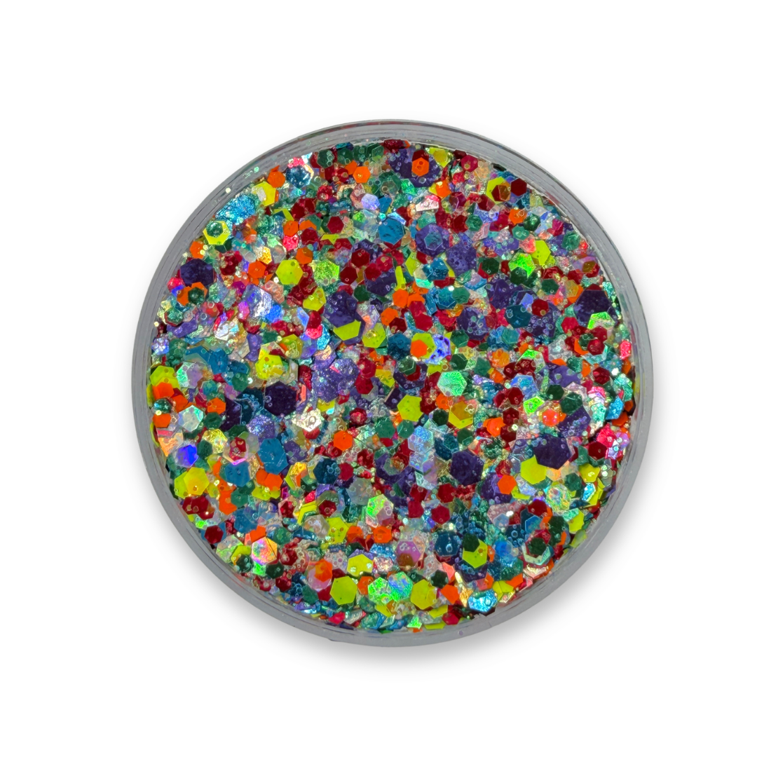 Open jar of Fun House Studio Sparkle Glitter Cream showing a colorful mix of chunky cosmetic glitter in blue, teal, purple, red, orange, yellow, green, and iridescent finishes.