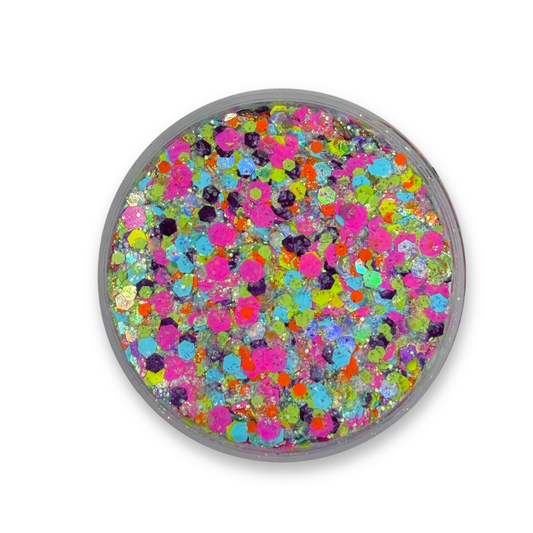 Open jar of It's Electric Studio Sparkle Glitter Cream showing chunky neon pink, aqua blue, lime green, orange, purple, and iridescent cosmetic glitter mix.