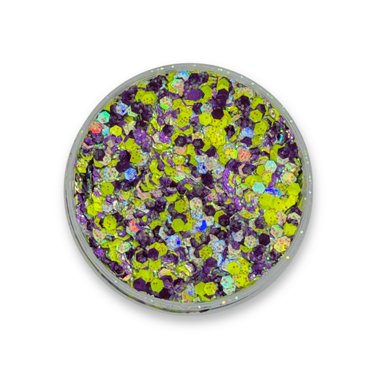Open jar of Planet Sparkle Studio Sparkle Glitter Cream showing chunky lime green, purple, iridescent silver, and holographic cosmetic glitter mix.