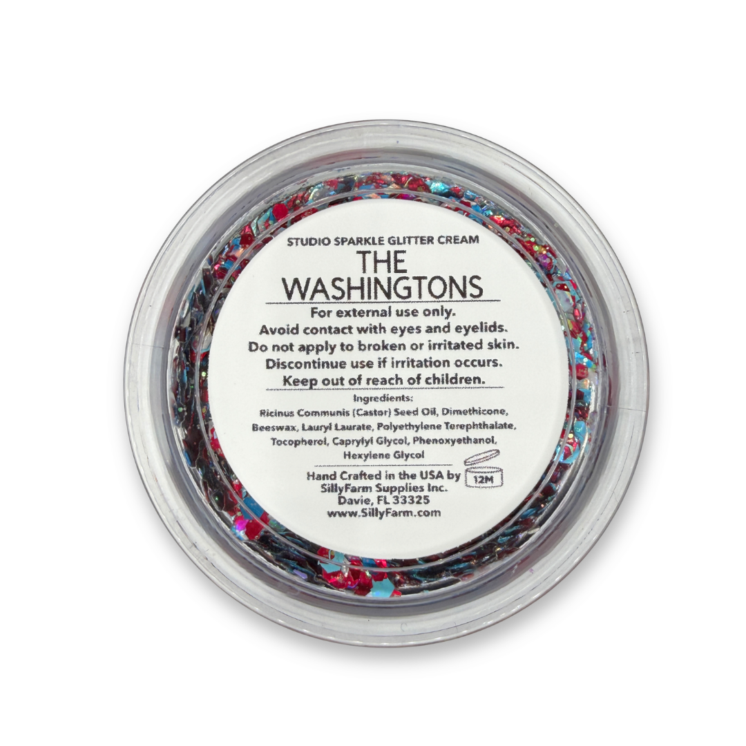 Back view of The Washingtons Studio Sparkle Glitter Cream container showing the product label, ingredients, safety information, and usage details.