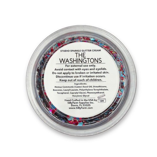 Back view of The Washingtons Studio Sparkle Glitter Cream container showing the product label, ingredients, safety information, and usage details.