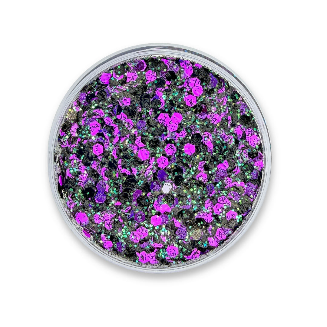 Baby Got Bat Studio Sparkle Glitter Cream 25g jar showing product label and purple and black glitter mix.