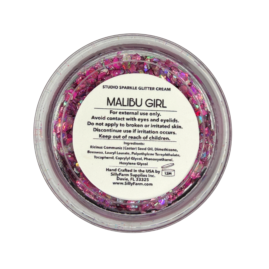 Back view of the SillyFarm Malibu Girl Studio Sparkle Glitter Cream 25g jar showing the product label with ingredients, directions for use, and handcrafted in the USA information.