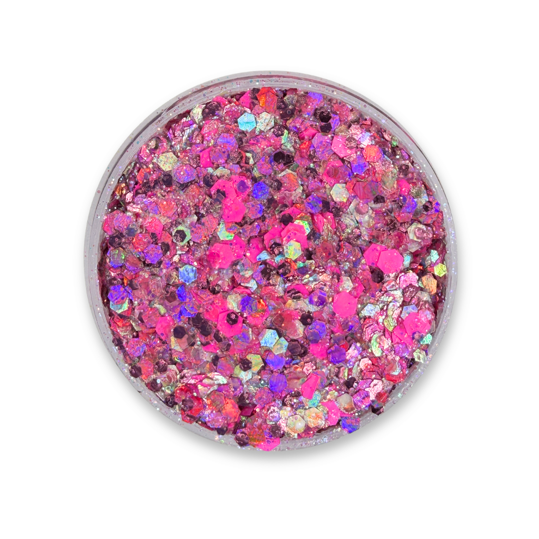 Open jar of Malibu Girl Studio Sparkle Glitter Cream 25g featuring a vibrant mix of hot pink, purple, and iridescent cosmetic glitter in a water-resistant cream base by SillyFarm.