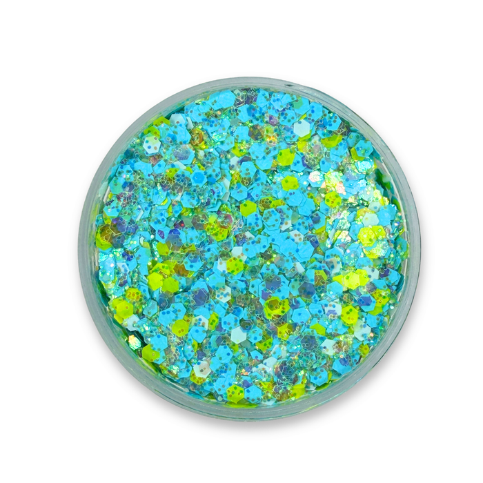 Open jar of Pool Party Studio Sparkle Glitter Cream featuring chunky blue, lime green, white, and iridescent cosmetic glitter in a smooth cream base. Perfect for face painting, festivals, mermaids, and summer designs.