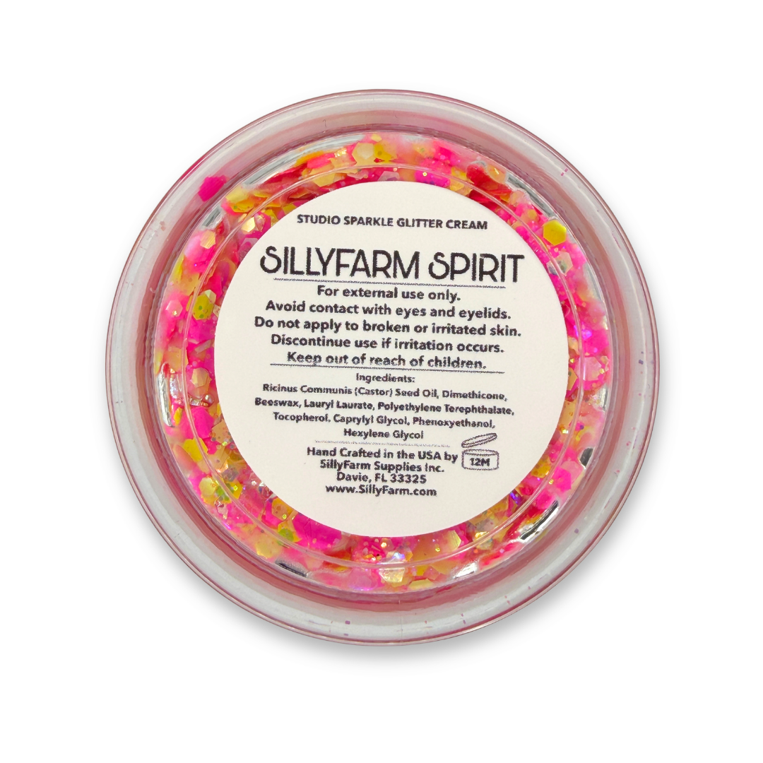 Bottom of SillyFarm Spirit Studio Sparkle Glitter Cream 25g jar showing the product label with ingredients and product information.