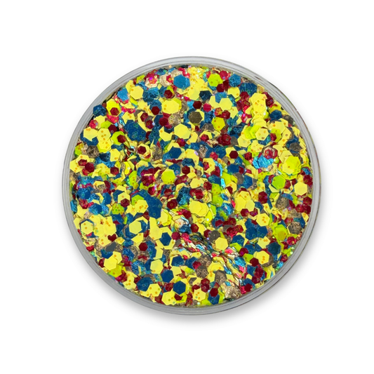 Open jar of Futbol Fan Studio Sparkle Glitter Cream featuring yellow, blue, red, gold, and holographic cosmetic glitter inspired by Colombia soccer fans and game day celebrations.