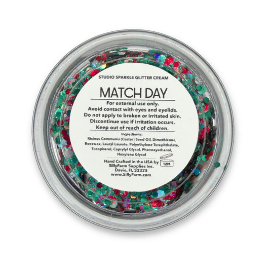 Bottom view of Match Day Studio Sparkle Glitter Cream by SillyFarm showing the product label on a 25g glitter cream jar from the limited edition World Soccer Fan Collection.