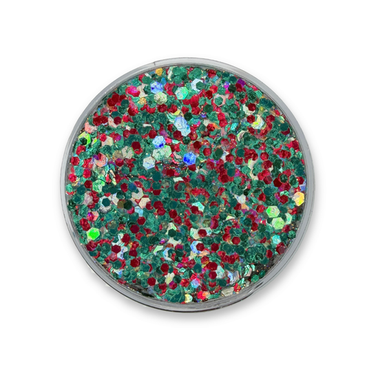 Open jar of Match Day Studio Sparkle Glitter Cream featuring green, red, white, and holographic cosmetic glitter inspired by Mexico soccer fans and game day celebrations.
