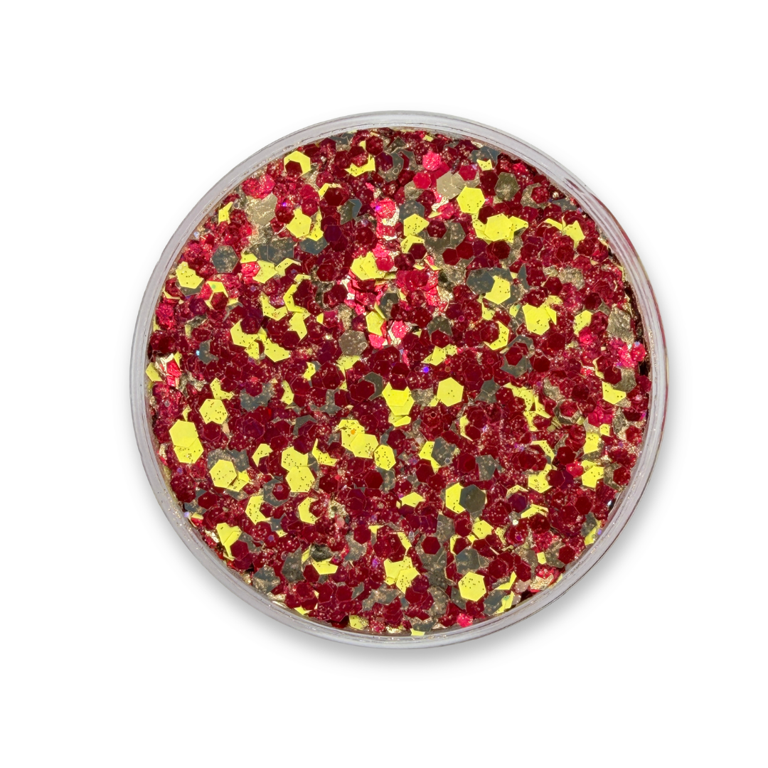 Open jar of Rocket Shot Studio Sparkle Glitter Cream featuring red, gold, and metallic cosmetic glitter inspired by Spain soccer fans and game day celebrations.