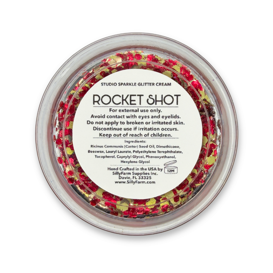 Bottom view of Rocket Shot Studio Sparkle Glitter Cream by SillyFarm showing the product label on a 25g glitter cream jar from the limited edition World Soccer Fan Collection.