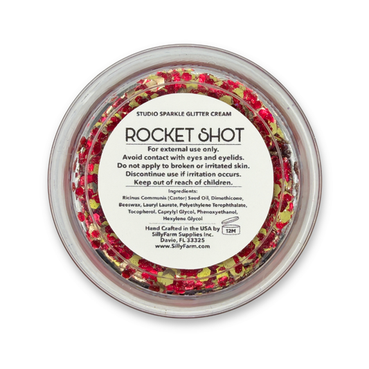 Bottom view of Rocket Shot Studio Sparkle Glitter Cream by SillyFarm showing the product label on a 25g glitter cream jar from the limited edition World Soccer Fan Collection.