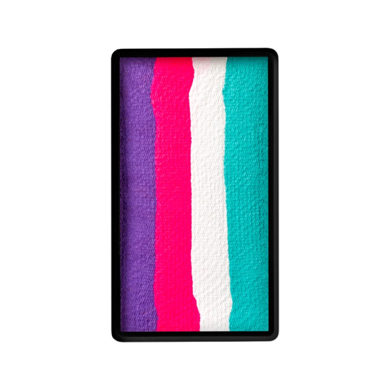 TAG Unicorn Magenta 30g one-stroke split cake showing four vertical stripes of purple, neon magenta, white, and teal Special FX paint.