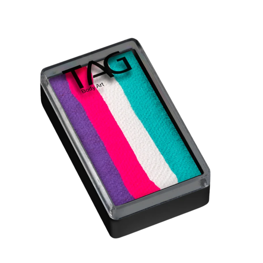 AG Unicorn Magenta 1 Stroke Split Cake 30g in black rectangular case with clear TAG lid, featuring purple, neon magenta, white, and teal stripes.
