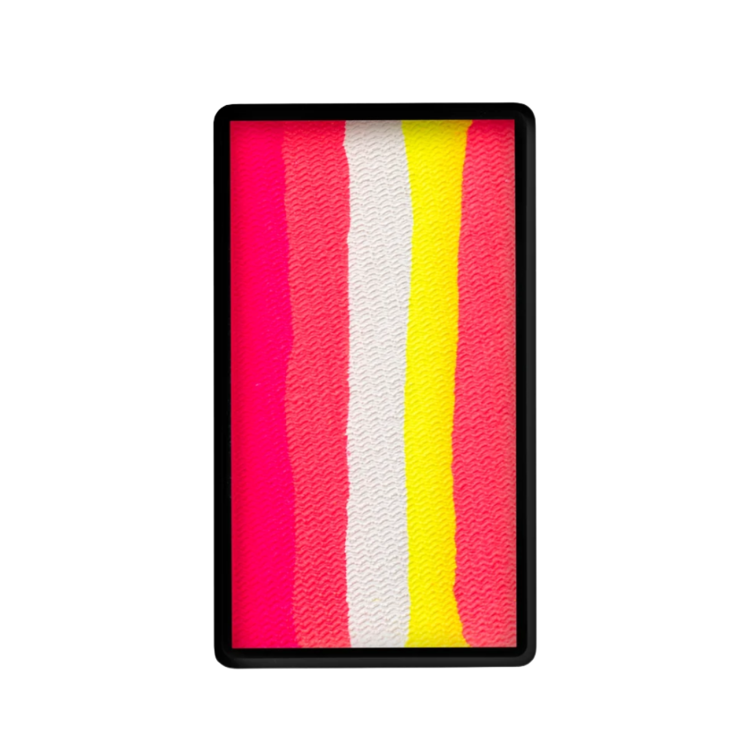 TAG Flamingo 1 Stroke Split Cake 30g showing five vertical stripes of neon magenta, neon pink, white, neon yellow, and neon pink in a rectangular black container.