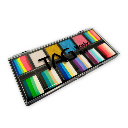TAG Rainbow Fairy Garden face and body paint palette by Tamar David, featuring 12 colorful pearl and split cakes in a black case with clear TAG lid.