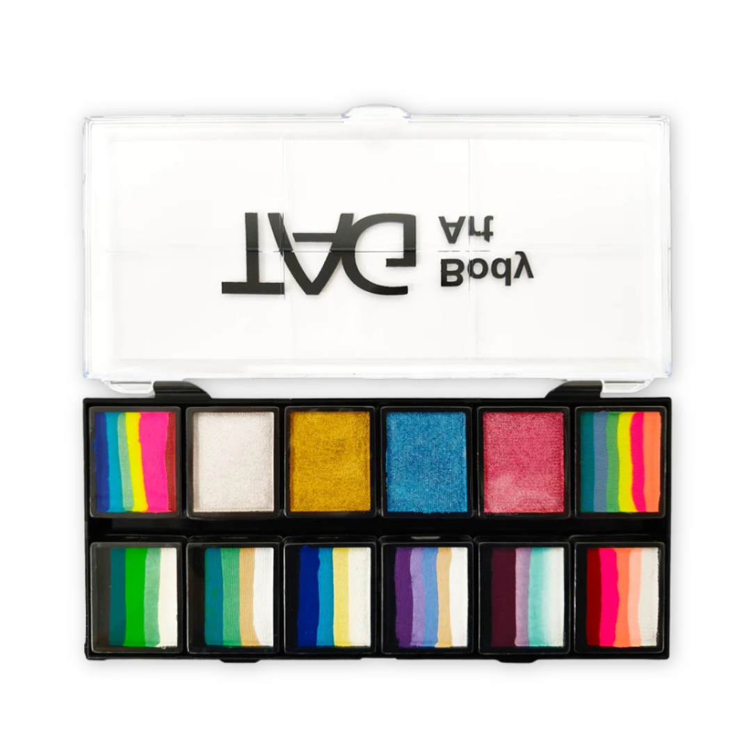 TAG Rainbow Fairy Garden 12-color face paint palette showing Pearl White, Gold, Blue, Wine, and eight assorted rainbow and pastel split cakes.