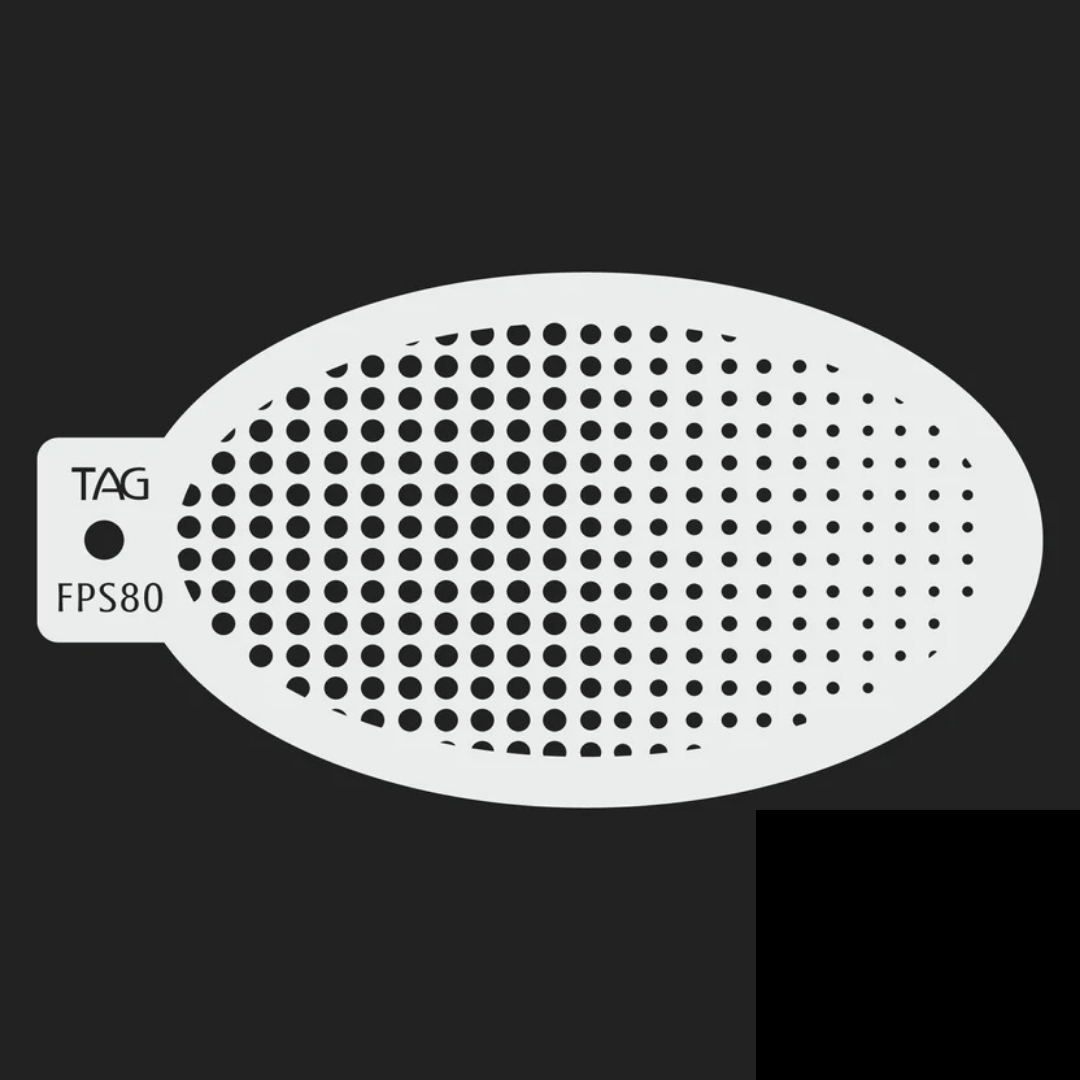 TAG Halftone FPS80 reusable oval face painting stencil featuring graduated circular dots from large to small, with flexible design and TAG Body Art branding.