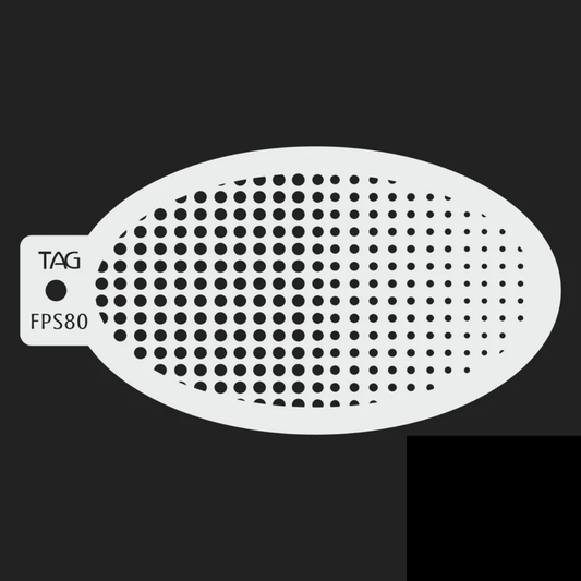 TAG Halftone FPS80 reusable oval face painting stencil featuring graduated circular dots from large to small, with flexible design and TAG Body Art branding.