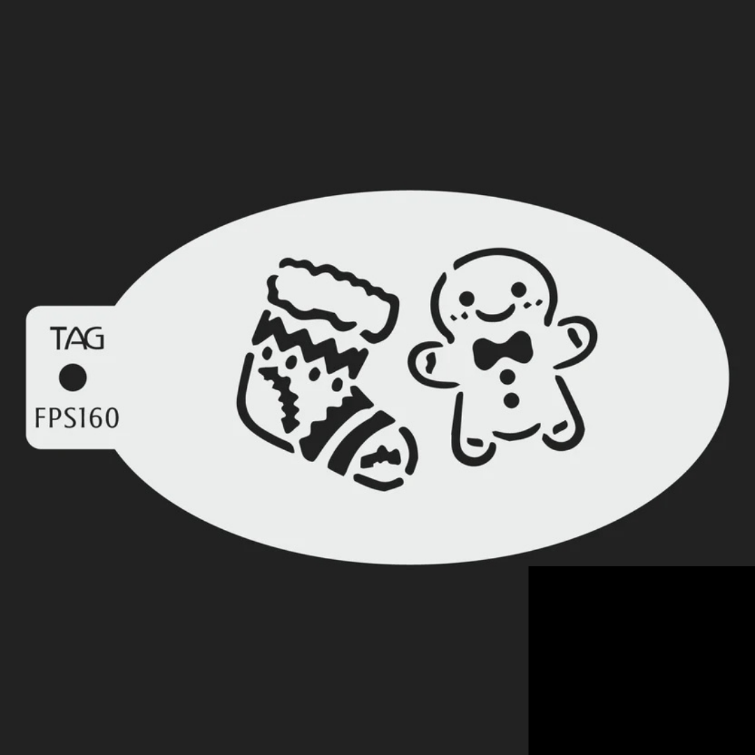 TAG Sugar and Stockings FPS160 reusable oval Christmas face painting stencil featuring a smiling gingerbread man and decorated holiday stocking with TAG Body Art branding.