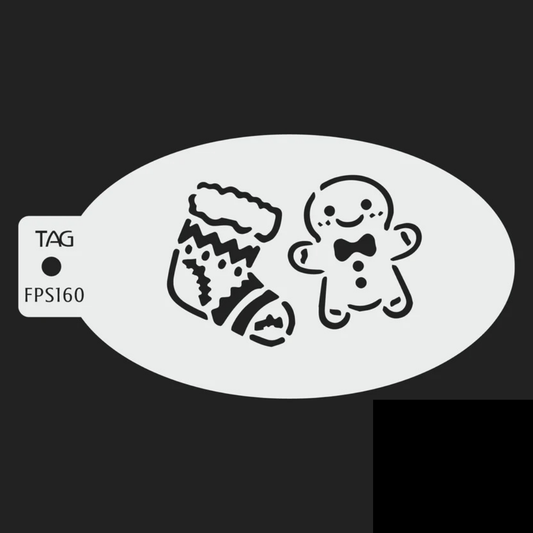 TAG Sugar and Stockings FPS160 reusable oval Christmas face painting stencil featuring a smiling gingerbread man and decorated holiday stocking with TAG Body Art branding.