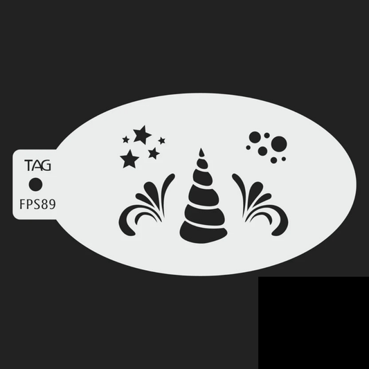 TAG Unicorn Sparkle FPS89 reusable oval face painting stencil featuring a unicorn horn, five stars, decorative swirls, and bubble accents with TAG Body Art branding.